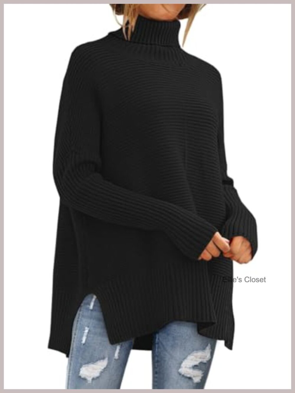 Oversized Turtleneck Batwing Sleeve Chunky Knit Pullover Sweater High-Low Hem